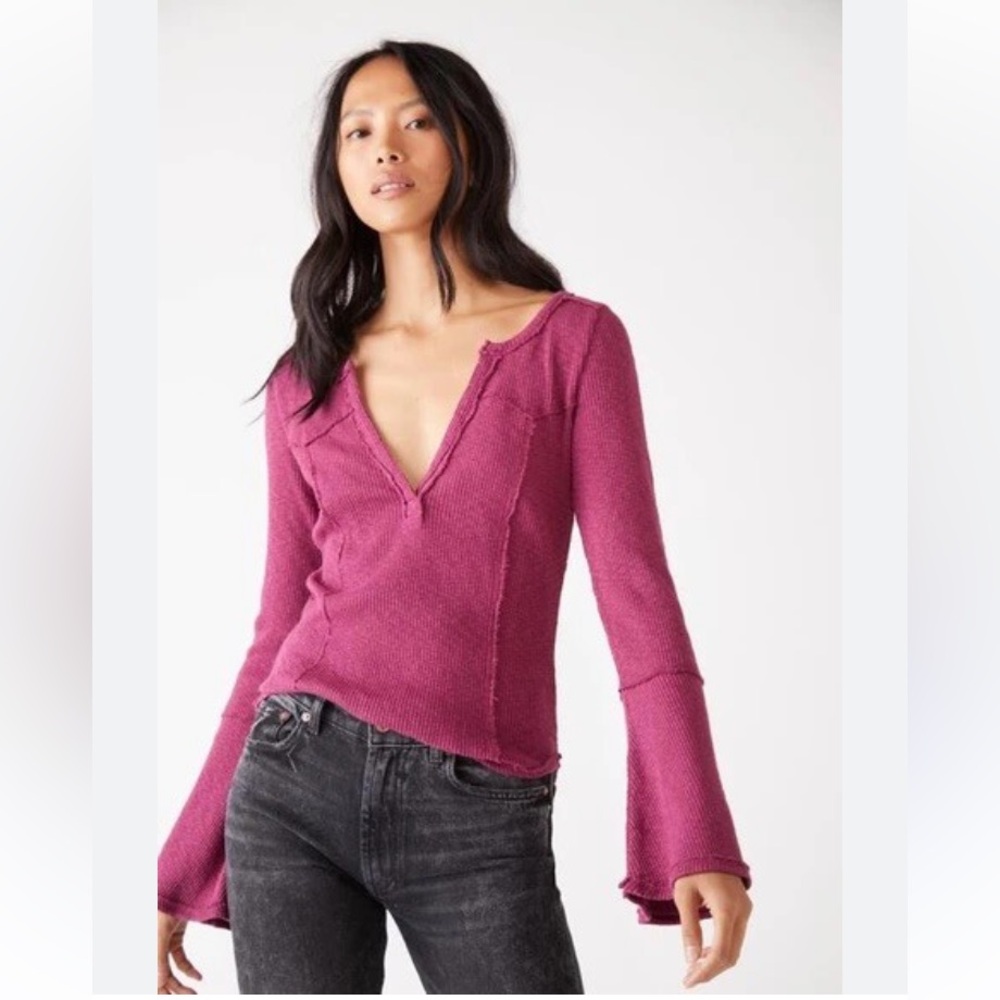 We The Free People Give a Little Fairytale Plum Thermal Henley Top Bell Size S
